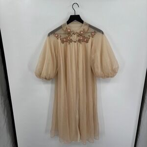 Vintage Artemis Sheer Peach Nightgown Small 60s 70s Balloon Sleeve Lace Floral